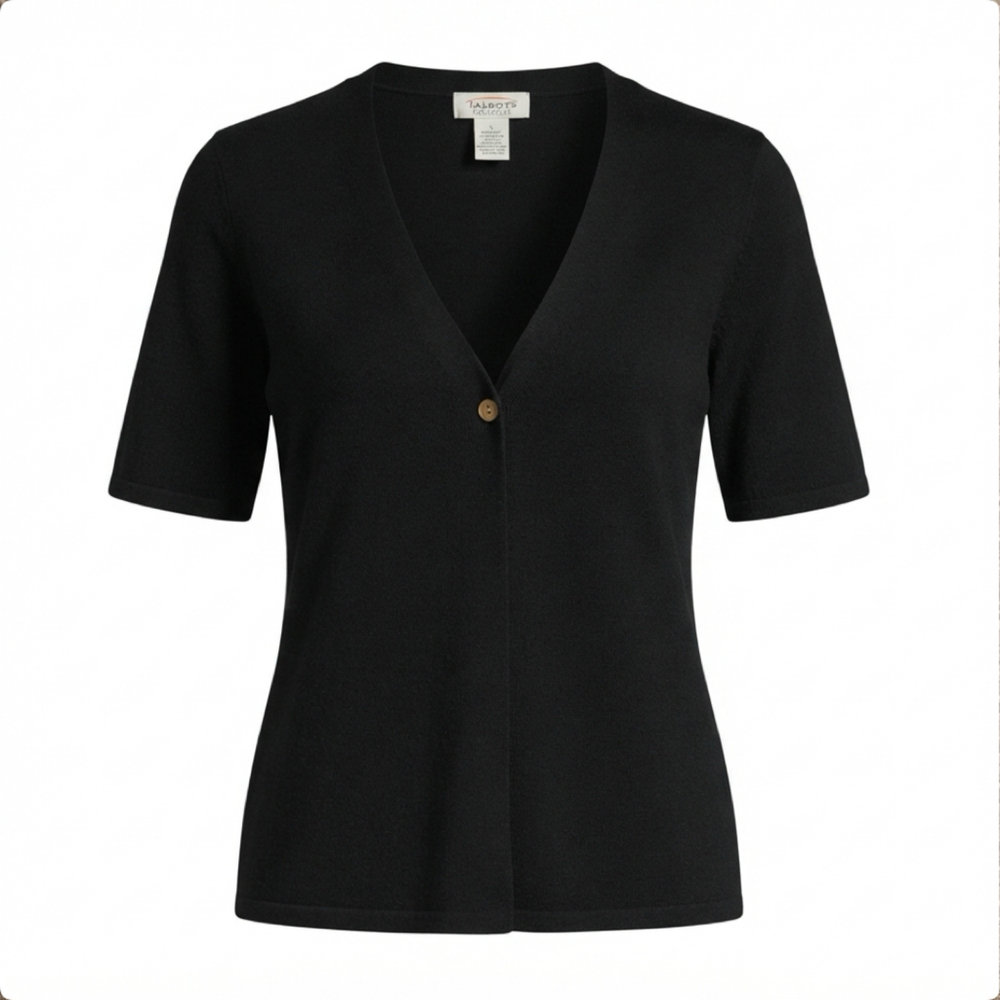 Talbots Collection Black Short Sleeve V-Neck Knit Cardigan Top XL NWOT